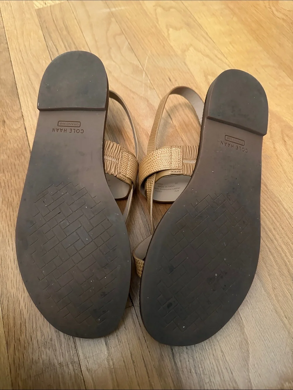 Cole Haan Tan Lizard-Texture Slingback Sandals with Gold Buckles